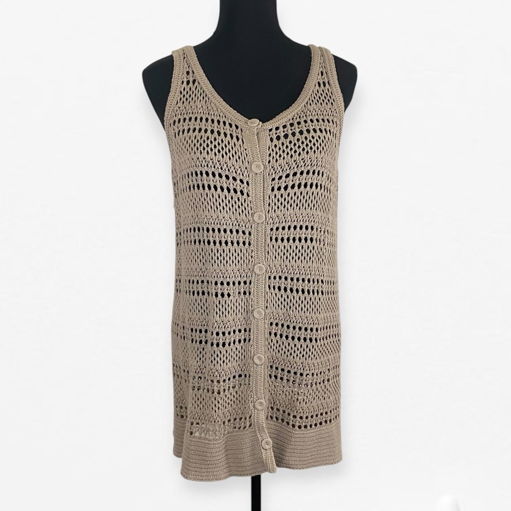 Canyon River Blues Tan Natural Beige Knit Crochet button open vest cardigan XL